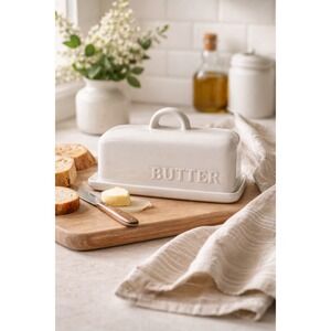 Threshold Stoneware Butter Dish with Lid Cream White Embossed Farmhouse Style